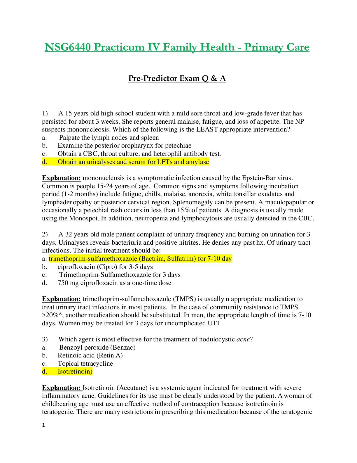 Preview of NSG6440 / NSG 6440 Pre-Predictor Exam Q & A (Latest): Practicum IV Family Health - Primary